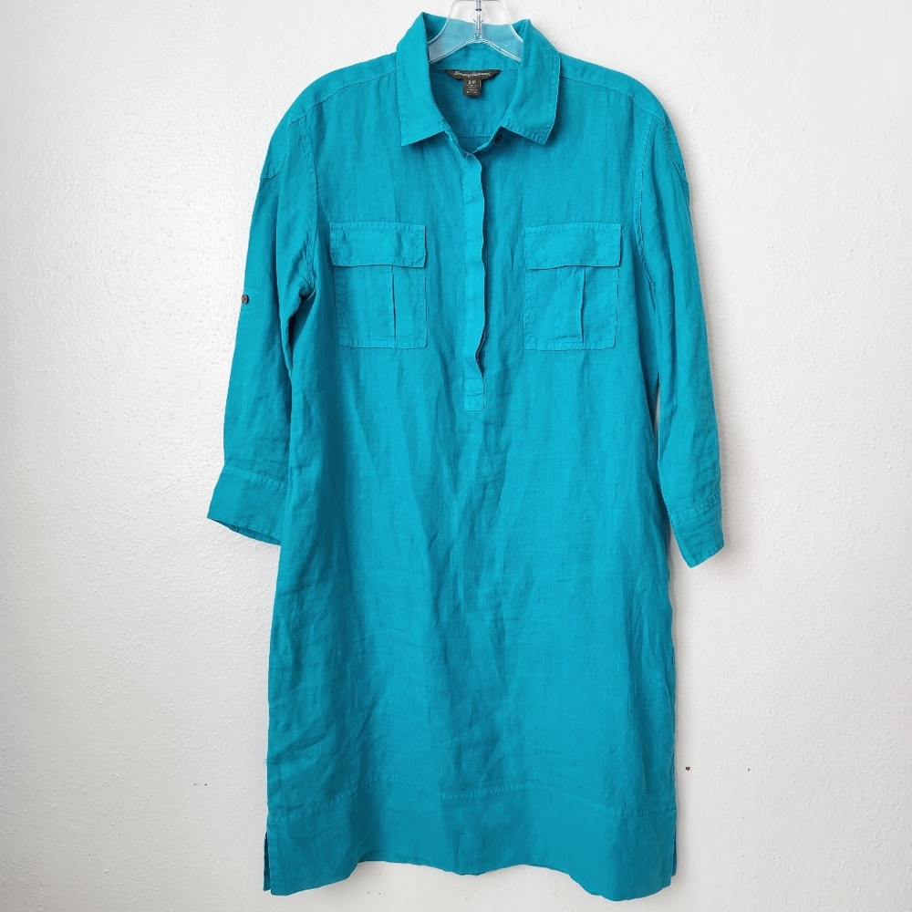 Tommy Bahamas Vibrant Teal Blue 100% Linen 3/4 Sleeve Tab Shirt Dress Small